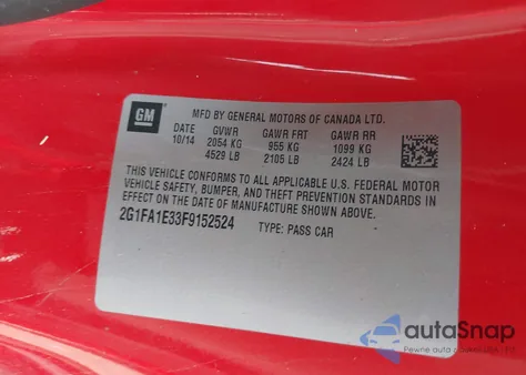 2015 Chevrolet Camaro 1Ls from USA, damaged, VIN 2G1FA1E33F9152524
